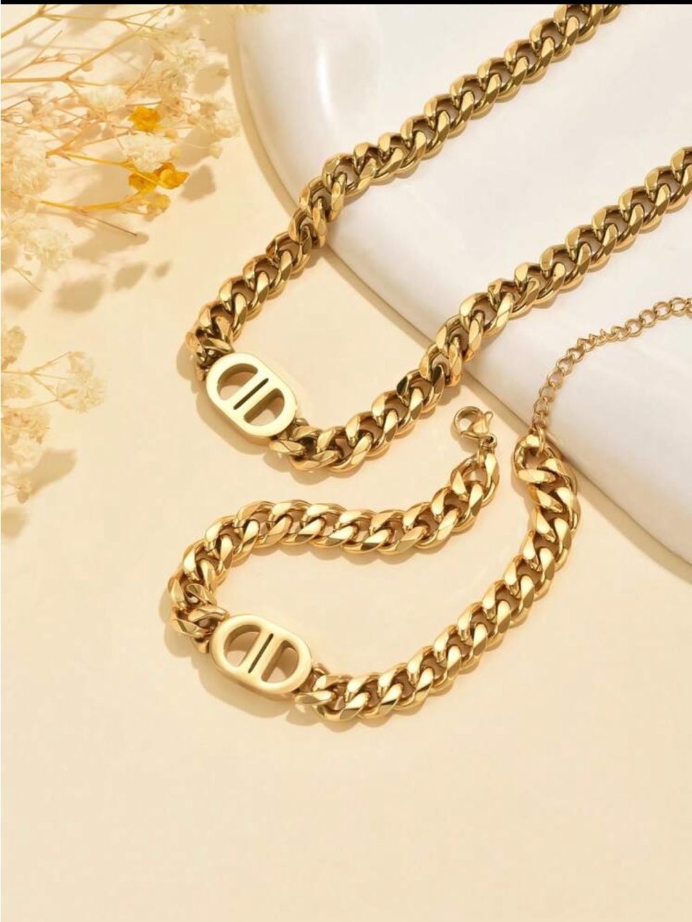 Gold Chunky Chain Necklace and Bracelet Set